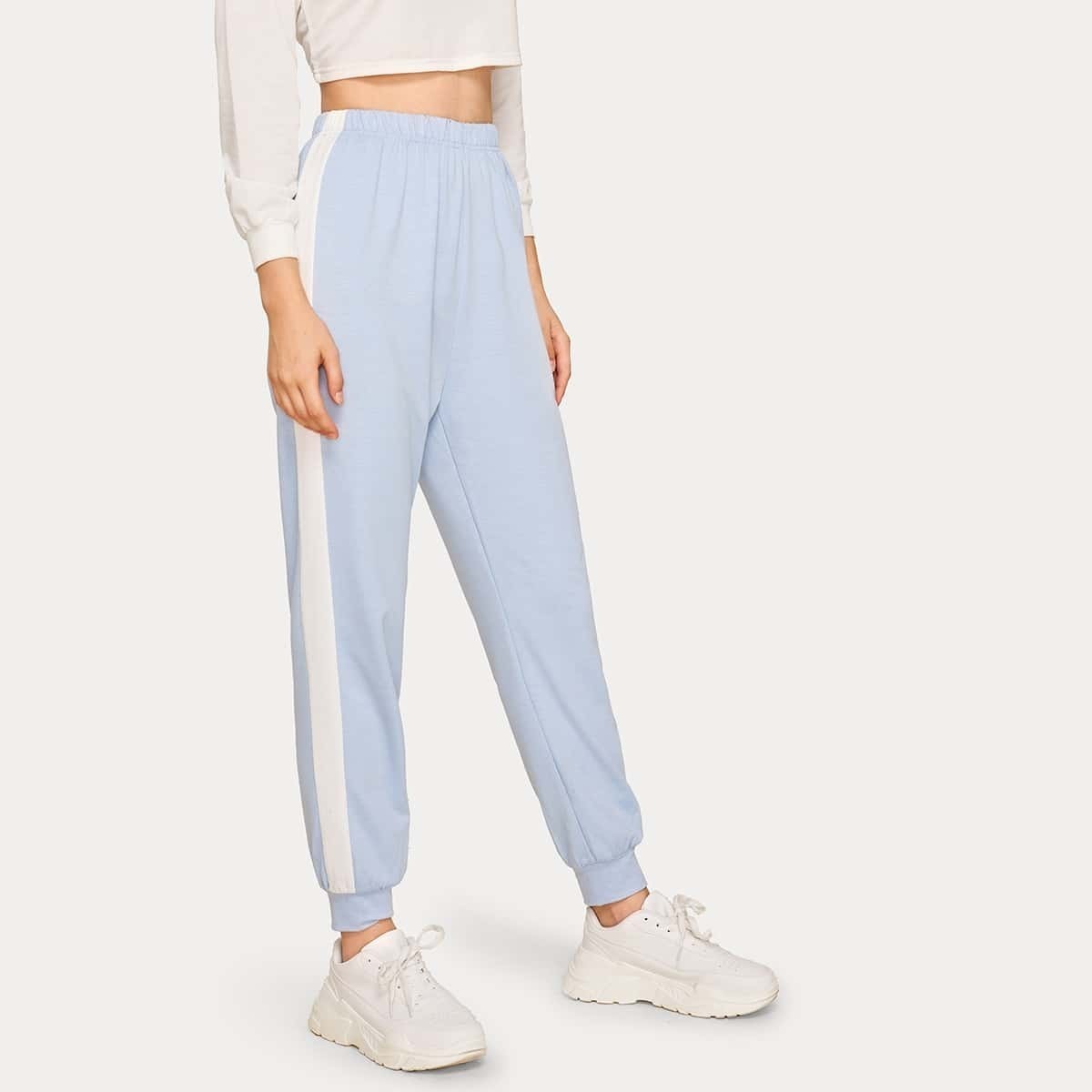 

Contrast Panel Elastic Waist Sweatpants, Blue pastel