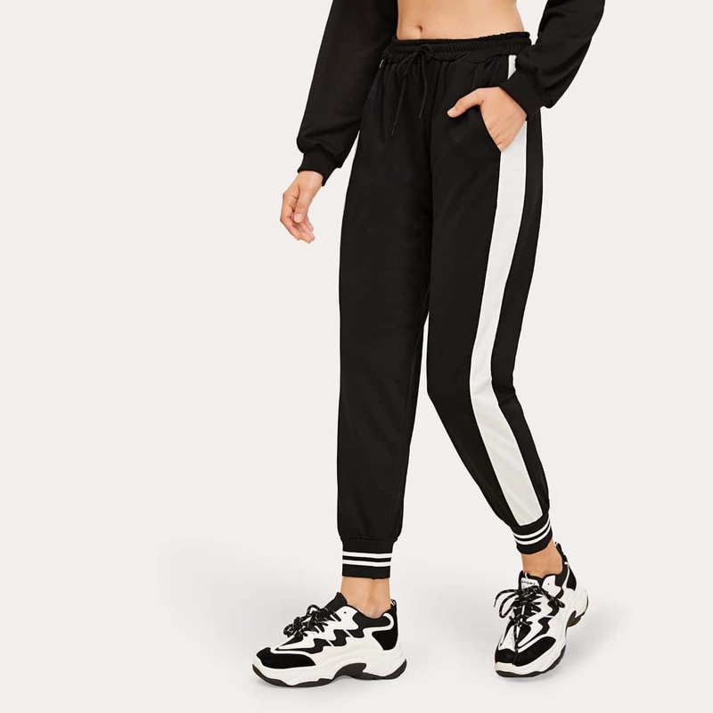 

Contrast Panel Drawstring Waist Sweatpants, Black