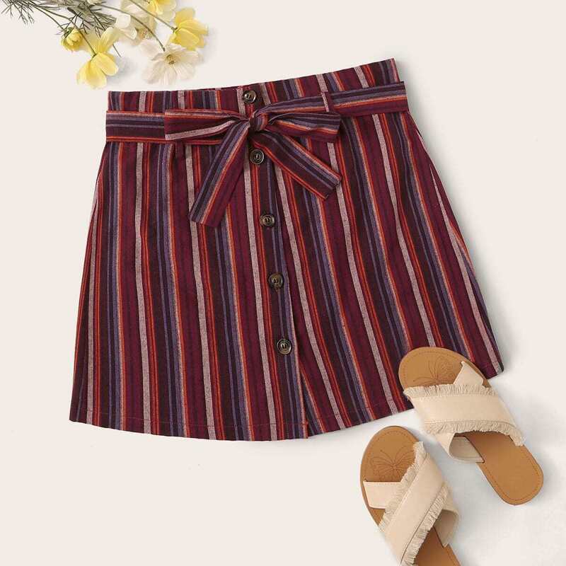 

Striped Button Front Belted Skirt, Multicolor