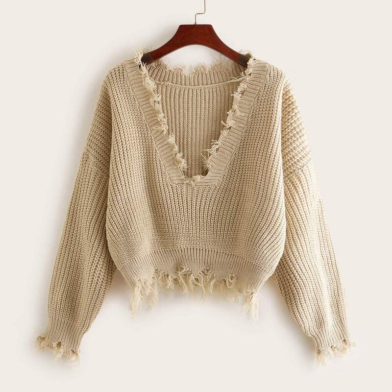 

Solid Deep V-neck Raw Hem Sweater, Beige