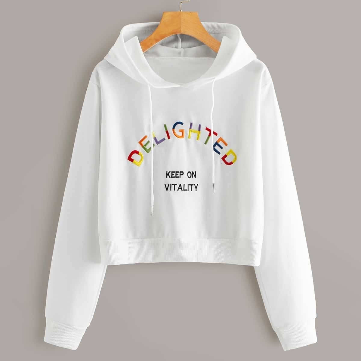 

Letter Embroidery Drawstring Hoodie, White
