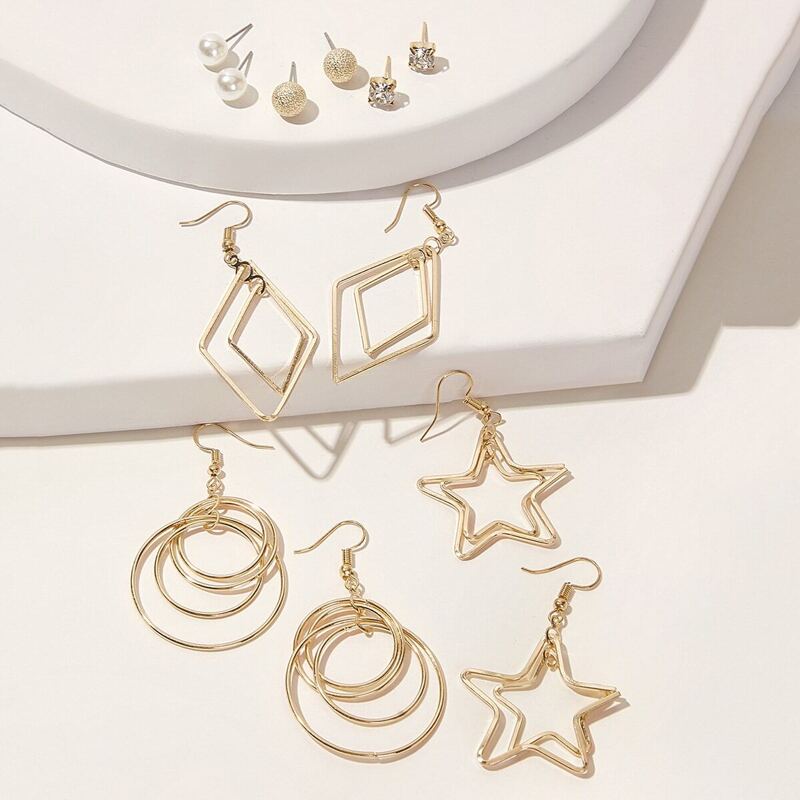 

Star & Link Drop Earrings 6pairs, Gold