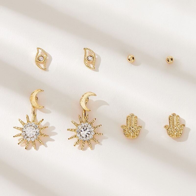 

Rhinestone Engraved Sun & Moon Earrings 4pairs, Gold