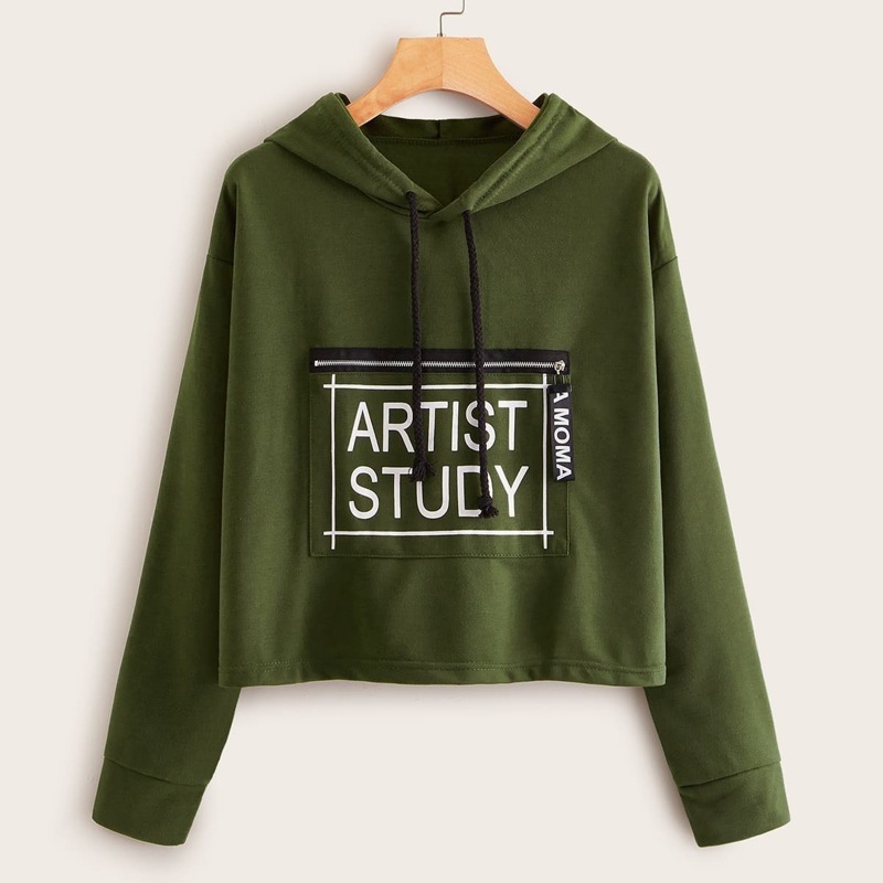 

Letter Print Zip Detail Drawstring Hoodie, Army green