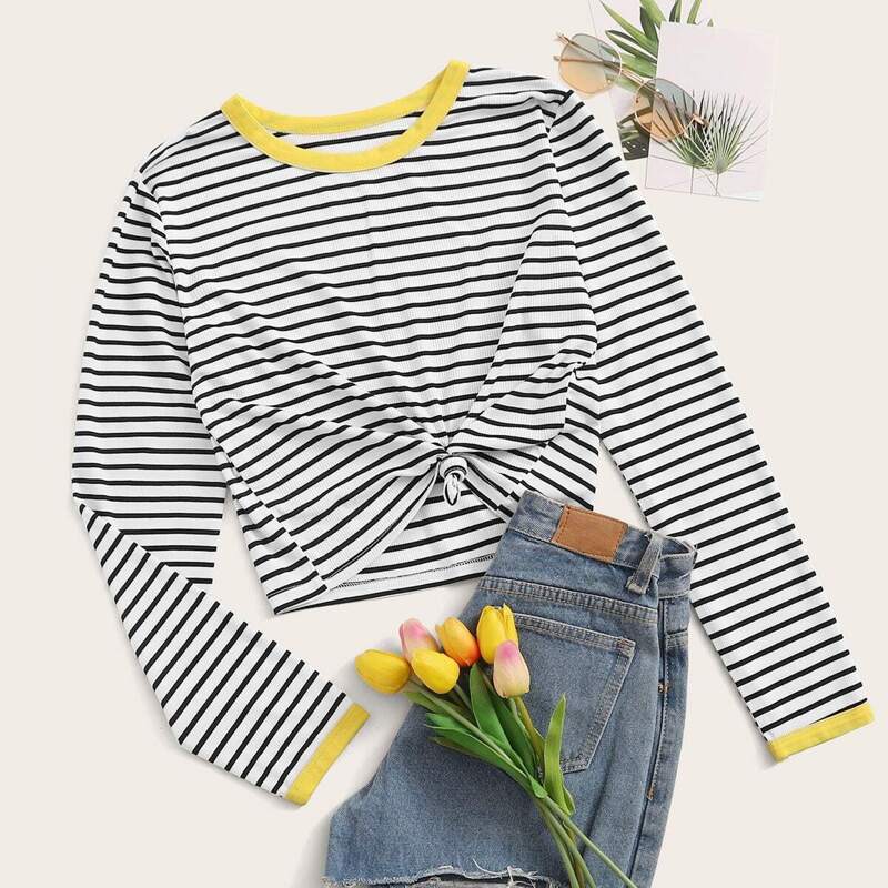 

Contrast Binding Striped Long Sleeve Tee, Black and white