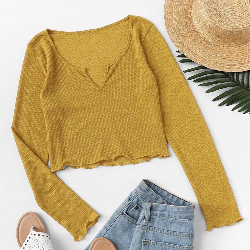 

Solid Notch Neck Ribbed Tee, Yellow