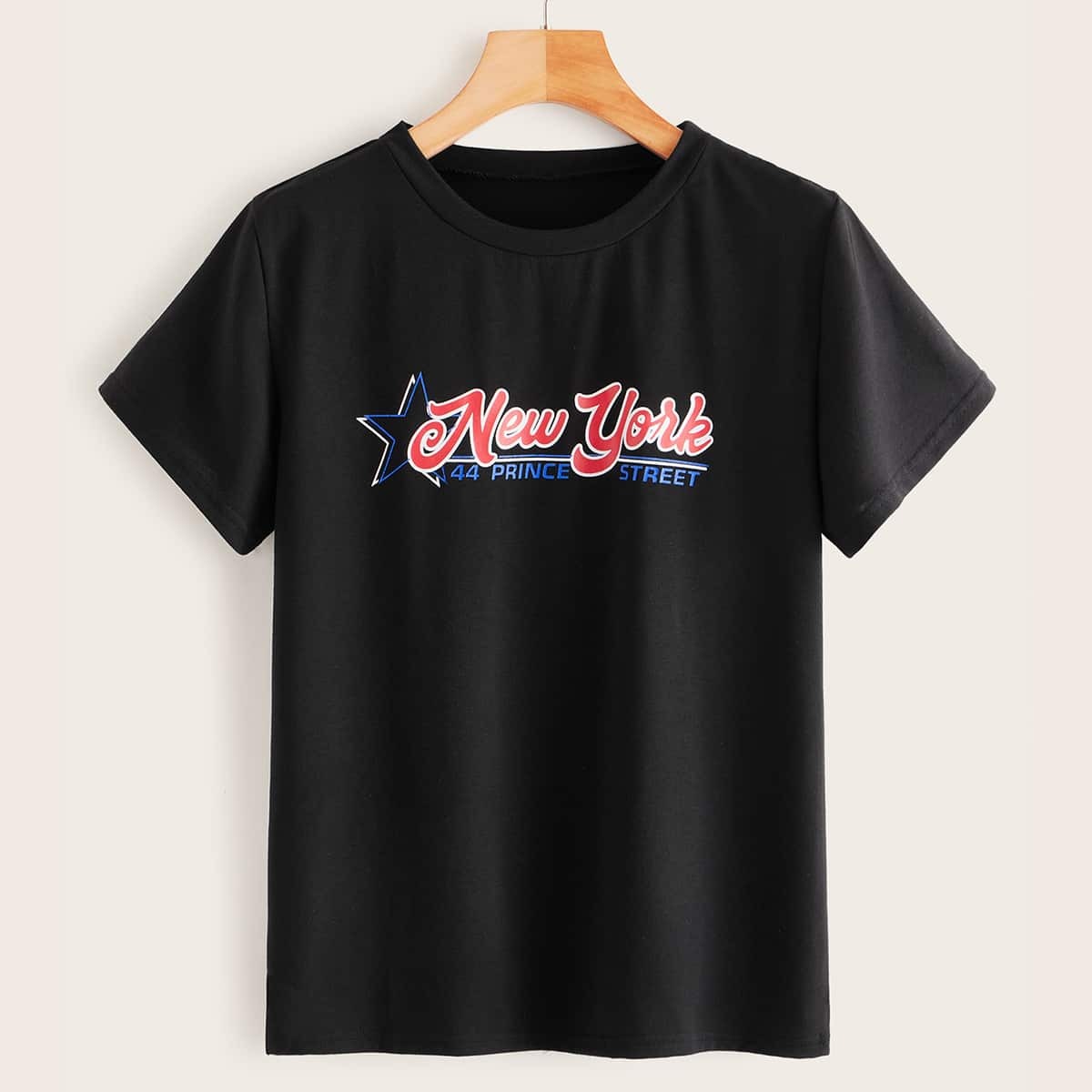 

Letter Print Short Sleeve Tee, Black