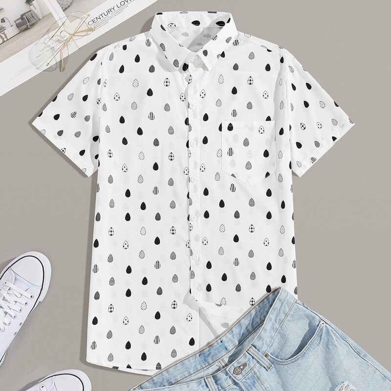 

Guys Button Front Geo Print Patched Pocket Shirt, White