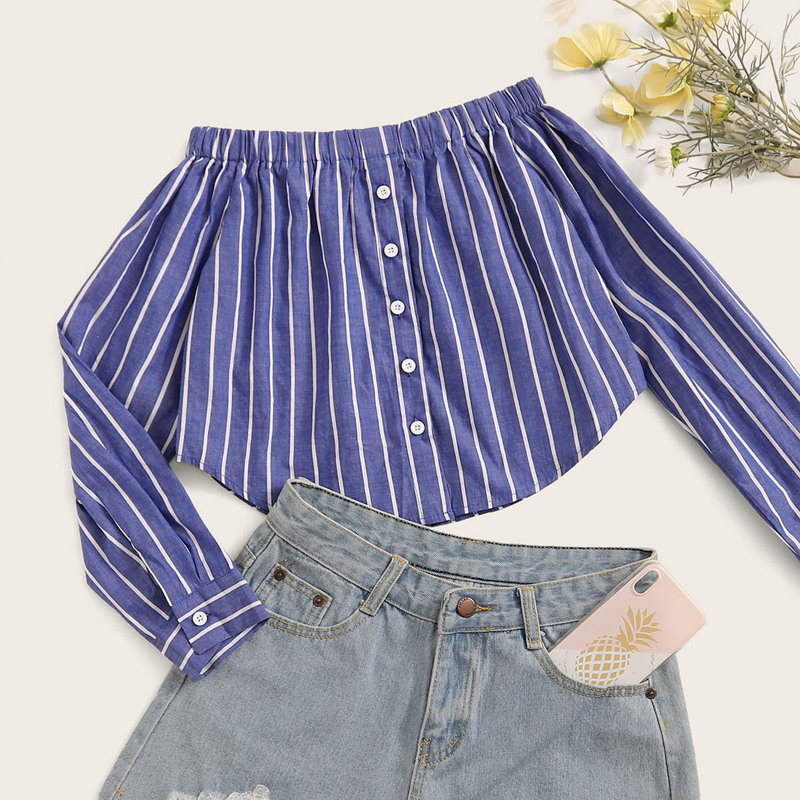 

Vertical Striped Button Front Bardot Blouse, Blue
