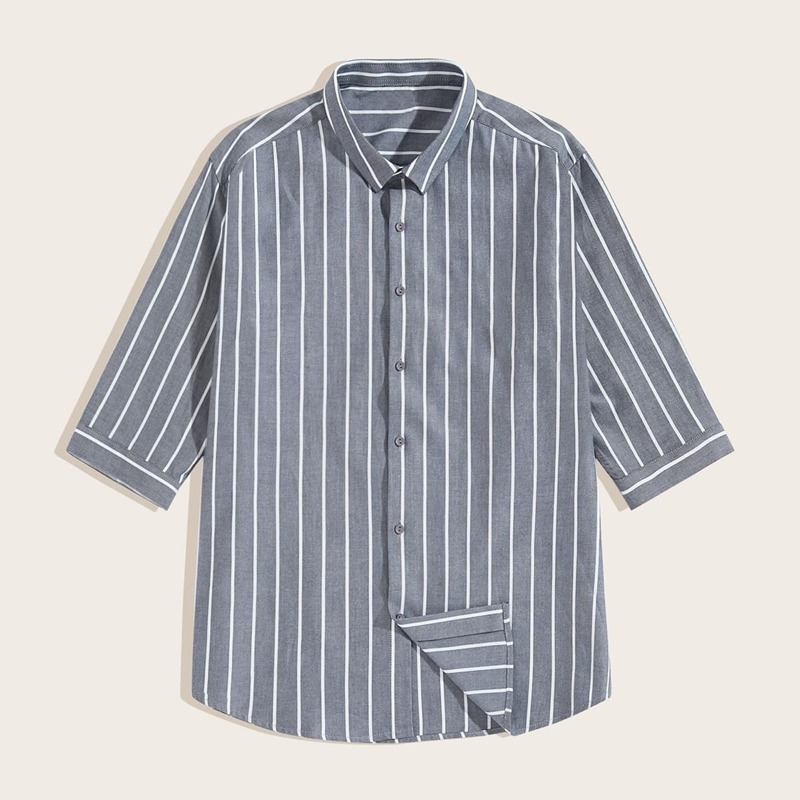 

Guys Button Front Striped Curved Hem Shirt, Grey