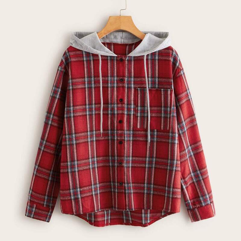 

Plaid Pocket Front Hooded Blouse, Red