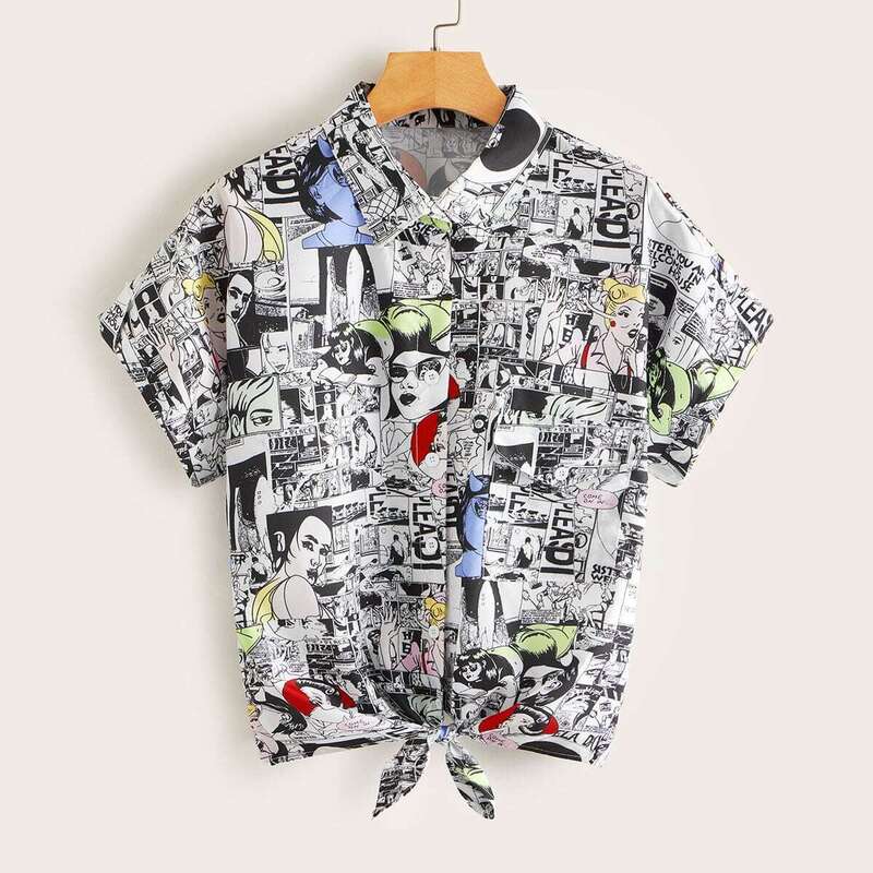 

Comic Print Knot Hem Blouse, Multicolor