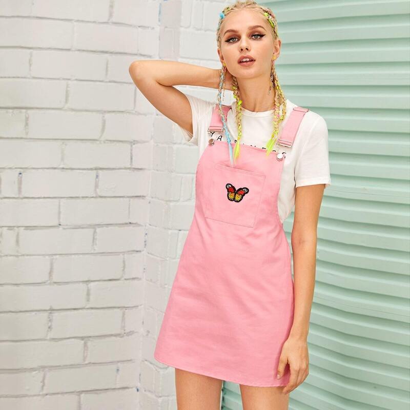 

Butterfly Embroidery Pocket Front Pinafore Dress, Pink