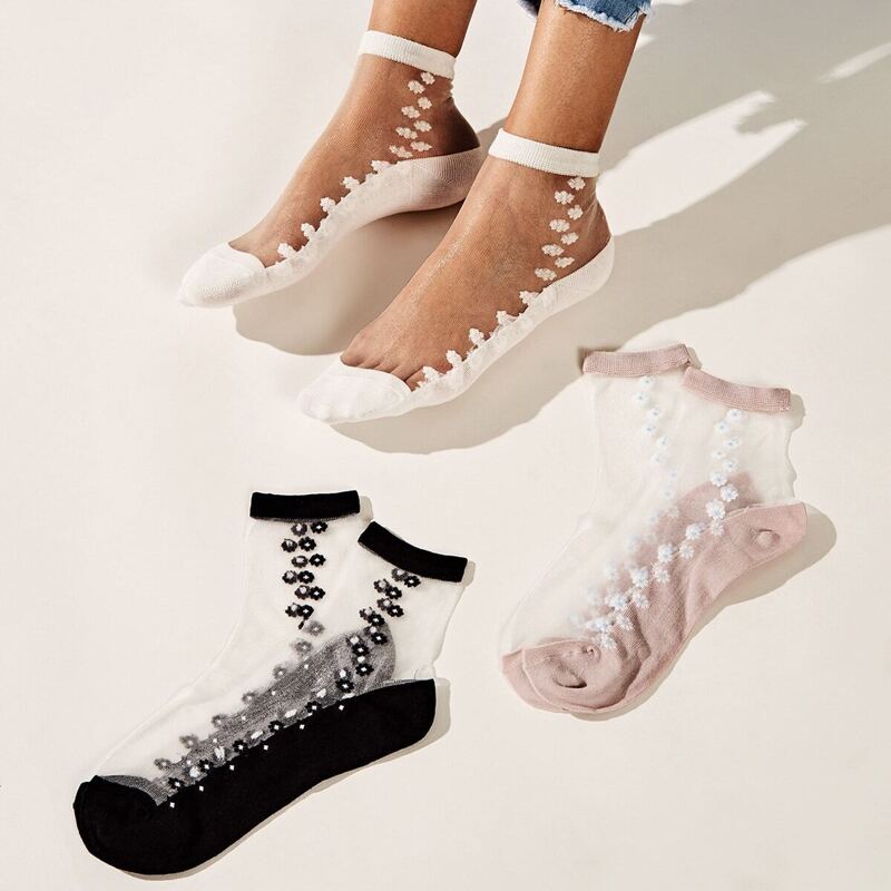 

Flower Pattern Mesh Socks 3pairs, Multicolor
