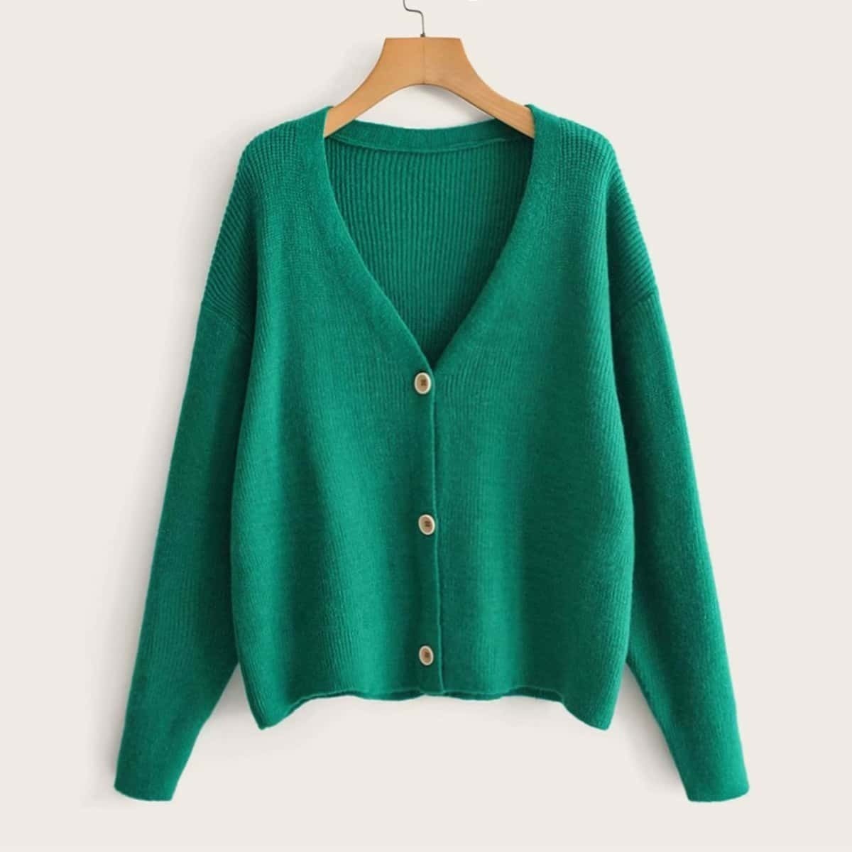 

Solid Drop Shoulder Single Breasted Cardigan, Green