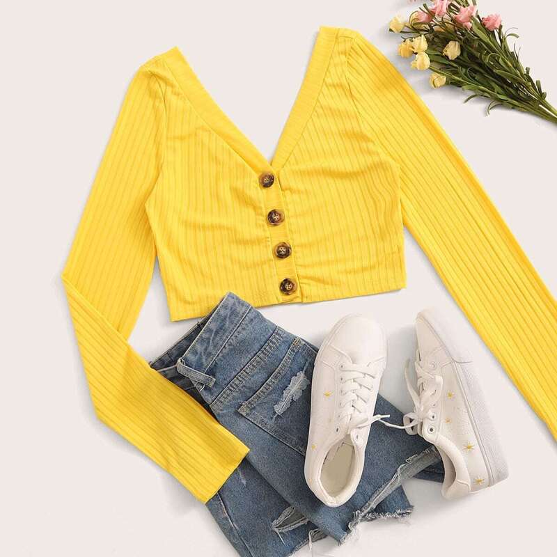 

V-neck Button Front Ribbed Tee, Yellow