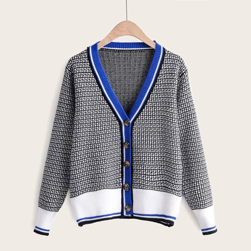 

Geo Pattern Contrast Binding Cricket Cardigan, Multicolor