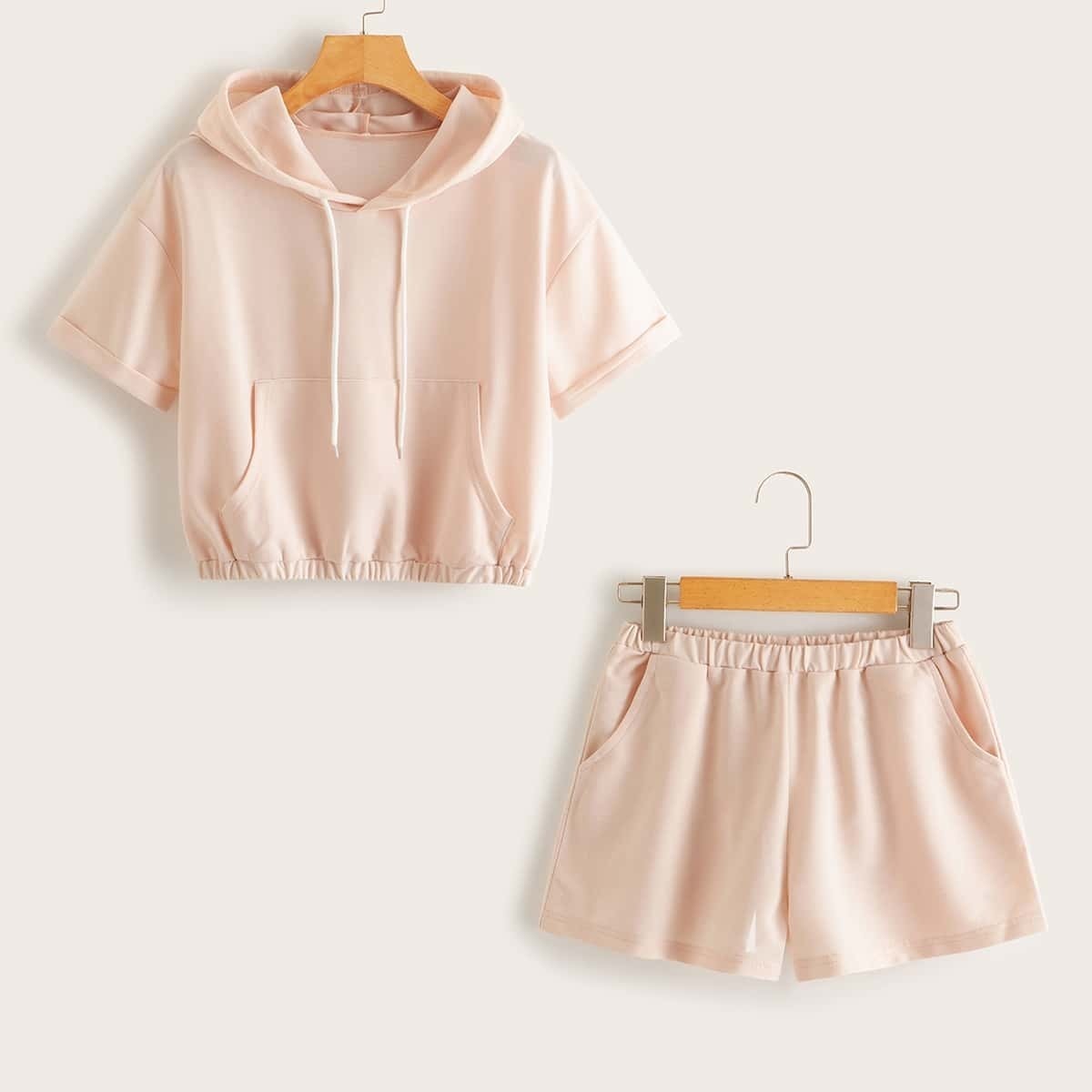 

Solid Kangaroo Pocket Hooded Tee & Shorts, Pink pastel