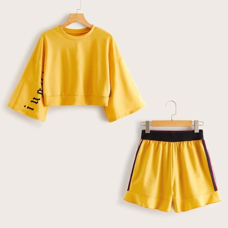 

Letter Print Tee & Side Tape Shorts, Yellow