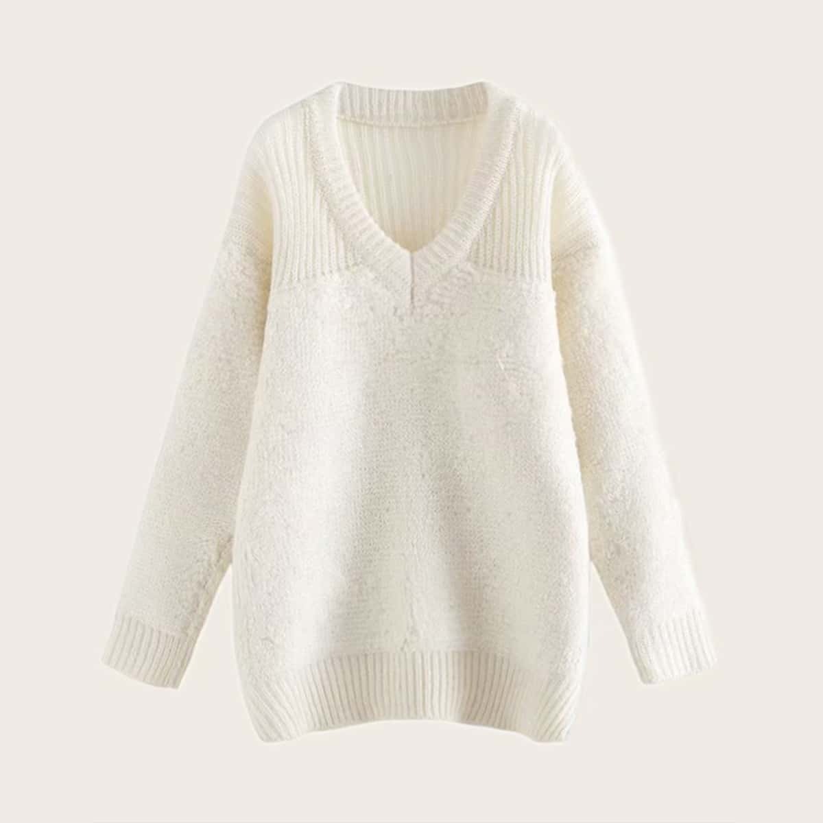 

V-neck Drop Shoulder Oversized Jumper, White