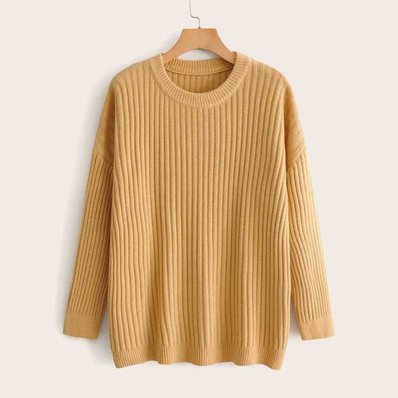 

Drop Shoulder Solid Rib-knit Sweater, Yellow