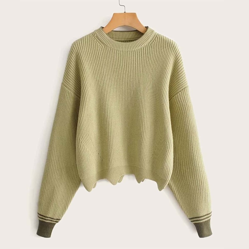

Drop Shoulder Striped Cuff Wave Edge Hem Sweater, Green