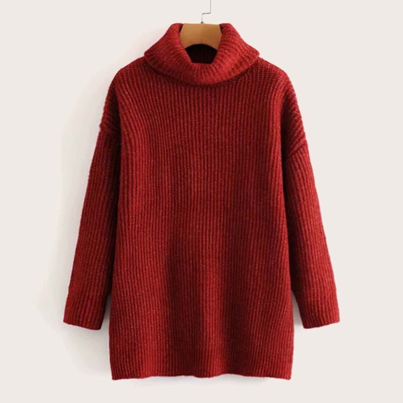 

High Neck Drop Shoulder Rib-knit Sweater, Burgundy