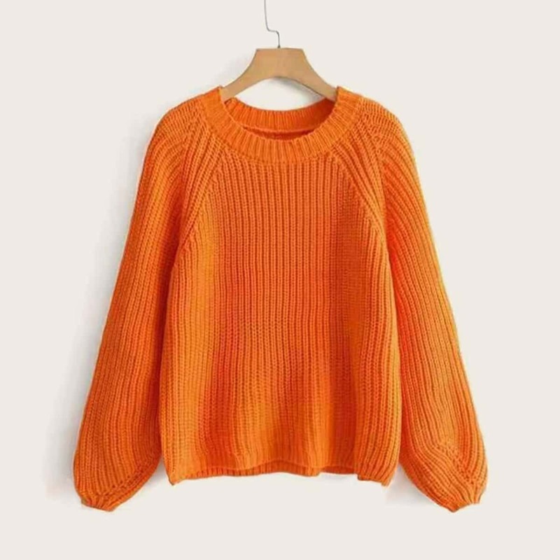 

Solid Raglan Sleeve Rib-knit Sweater, Orange