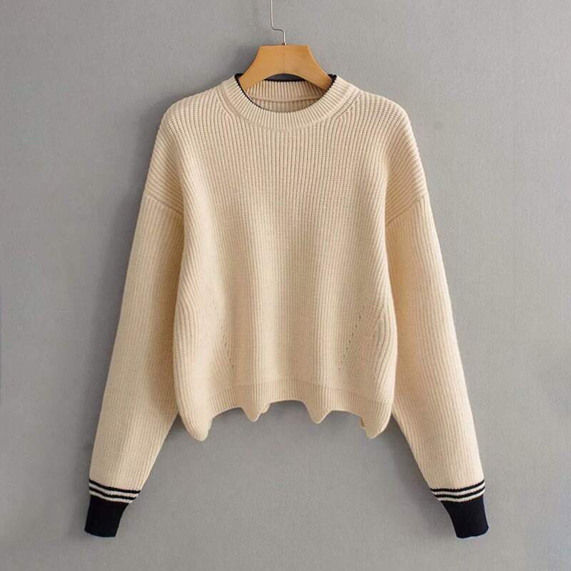 

Contrast Cuff Wavy Edge Jumper, Beige