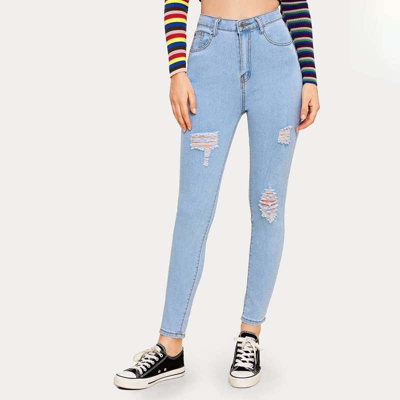 

Ripped Button Fly Skinny Crop Jeans, Blue
