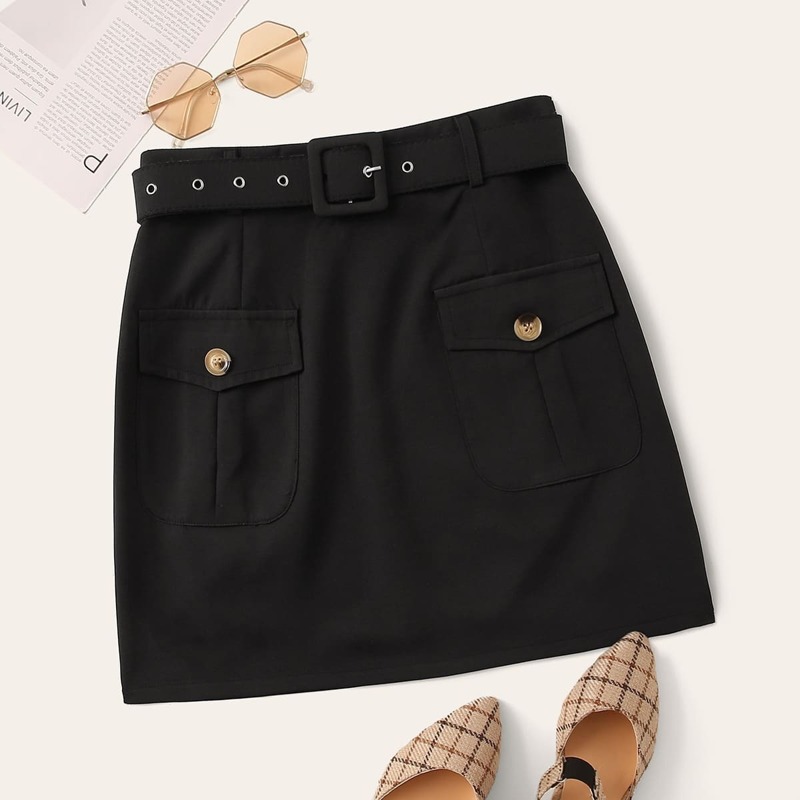 

Button Detail Belted Skirt, Black