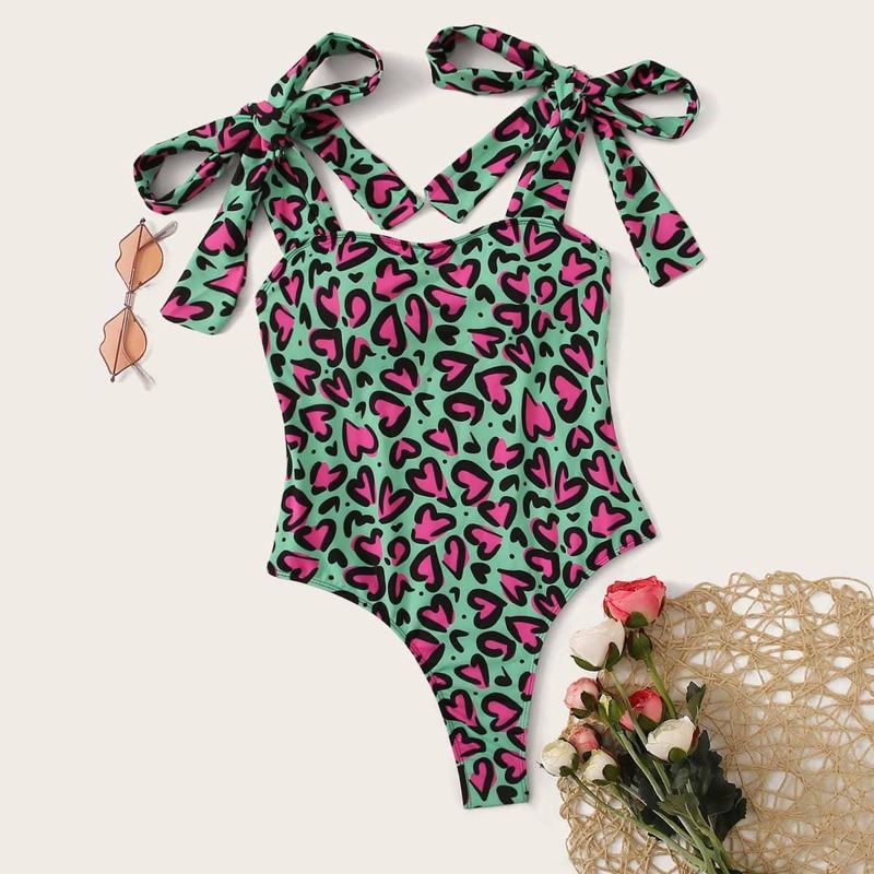 

Random Heart Print Tie Shoulder One Piece Swimwear, Multicolor