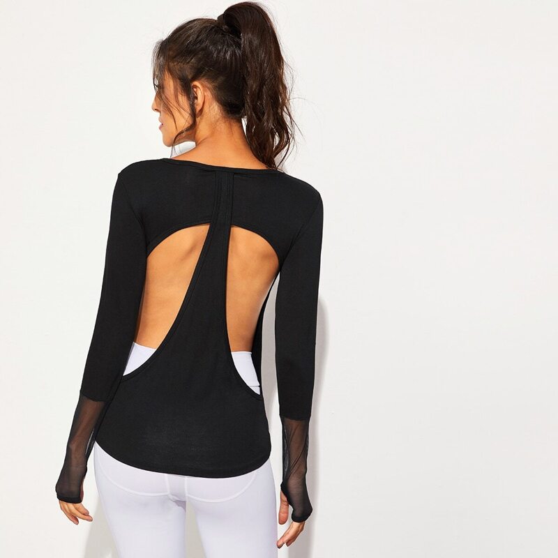 

Contrast Mesh Backless Tee With Thumb Holes, Black