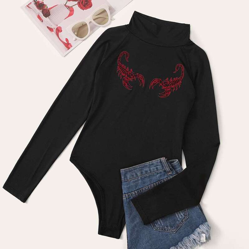 

Mock Neck Scorpion Embroidery Bodysuit, Black