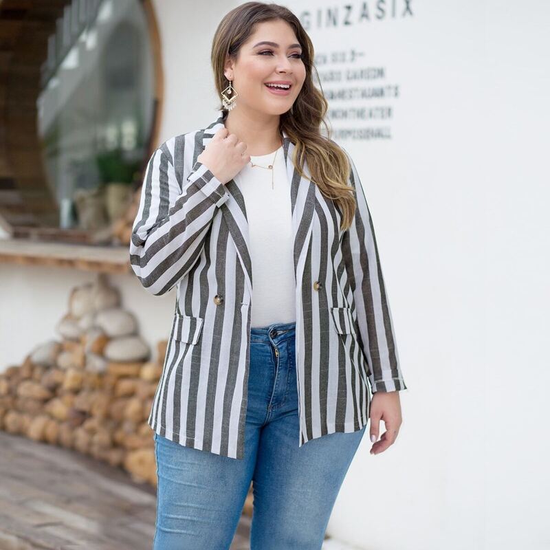 

Plus Striped Single Button Blazer, Grey