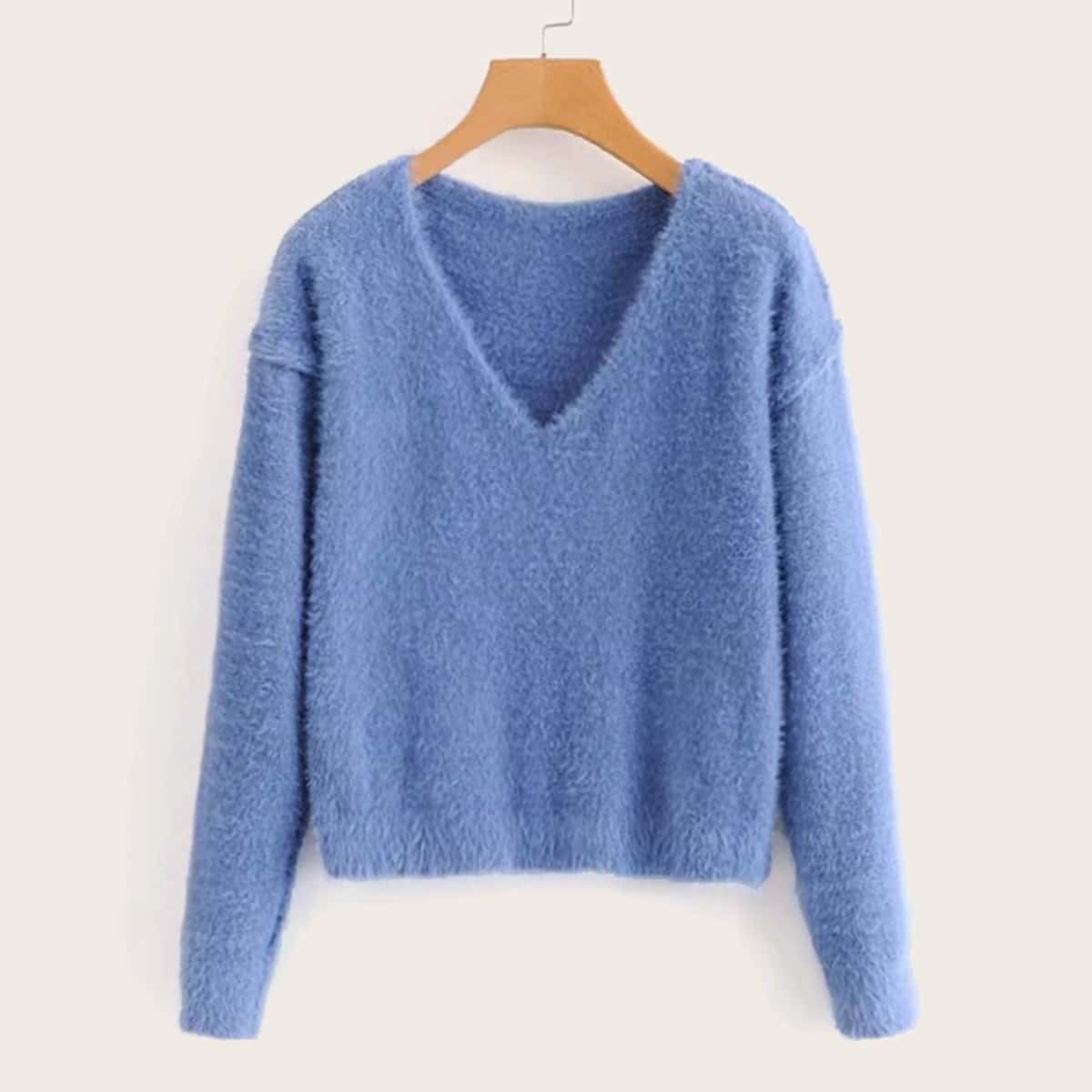 

V-neck Drop Shoulder Fuzzy Jumper, Blue