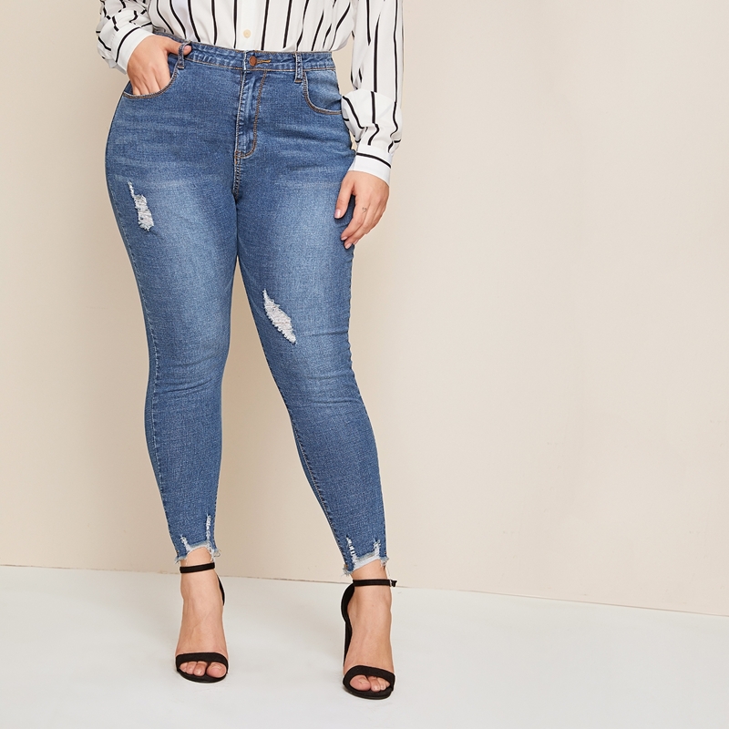 

Plus Ripped Raw Hem Skinny Jeans, Medium wash