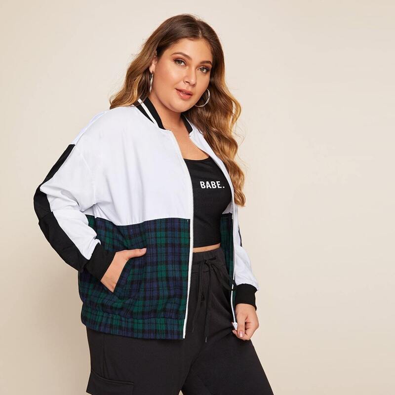 

Plus Plaid Contrast Colorblock Bomber Jacket, Multicolor
