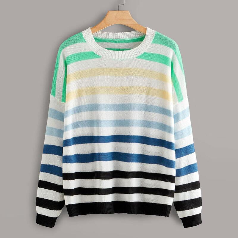 

Plus Colorful Striped Drop Shoulder Sweater, Multicolor