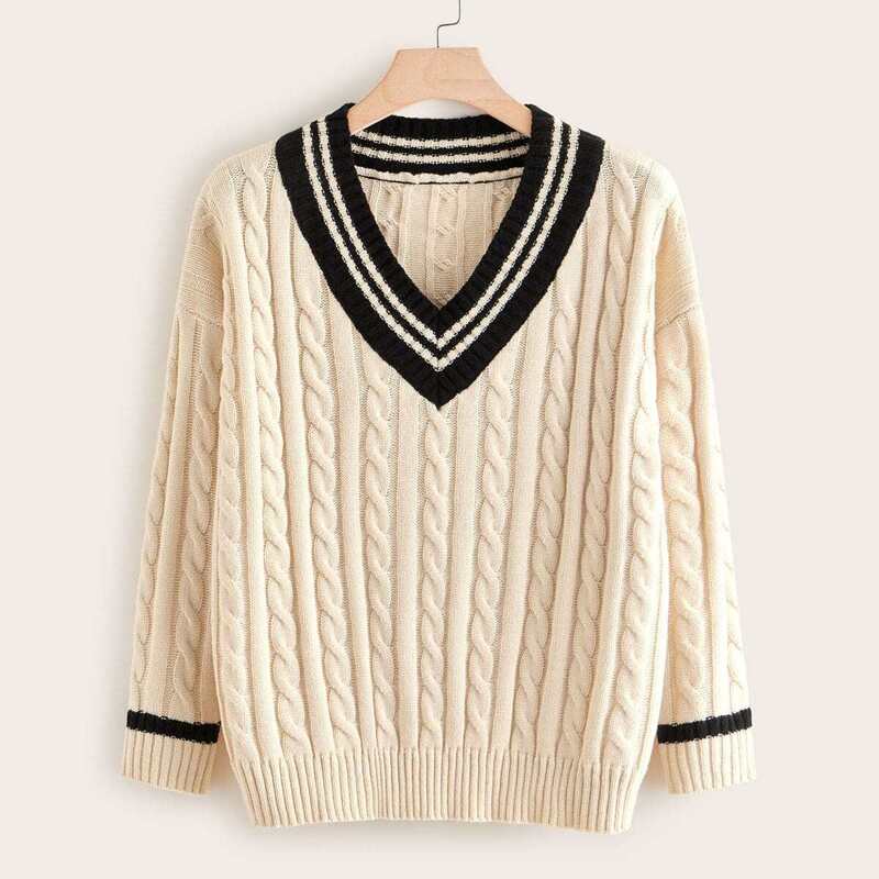 

Plus Contrast Striped Neckline Cable Knit Jumper, Beige pastel