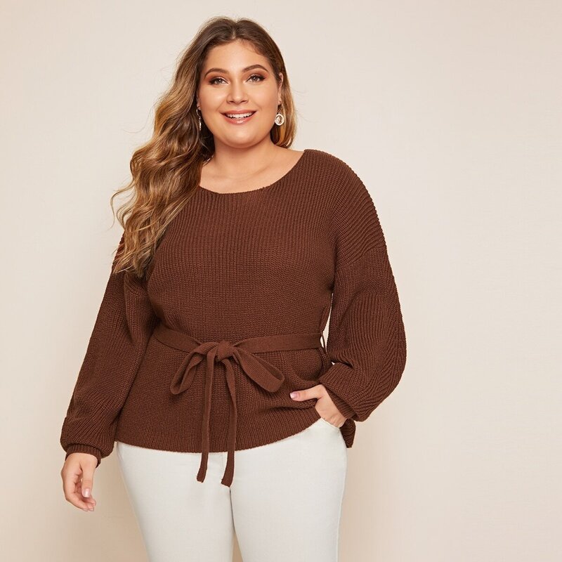 

Plus Drop Shoulder Belted Sweater, Brown