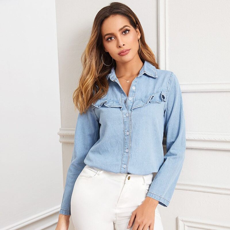 

Light Wash Frill Trim Denim Top, Blue