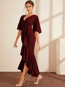 Modelyn Cape Sleeve Ruffle Trim Asymmetrical Hem Wrap Dress - Burgundy - View 3