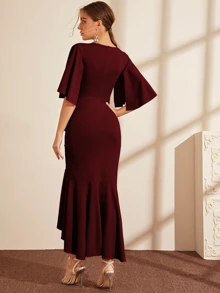 Modelyn Cape Sleeve Ruffle Trim Asymmetrical Hem Wrap Dress - Burgundy - View 2
