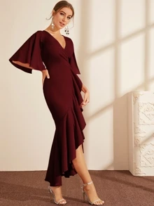 Modelyn Cape Sleeve Ruffle Trim Asymmetrical Hem Wrap Dress - Burgundy - View 4