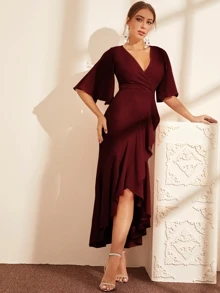 Modelyn Cape Sleeve Ruffle Trim Asymmetrical Hem Wrap Dress - Burgundy - View 5