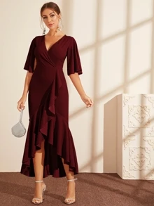 Modelyn Cape Sleeve Ruffle Trim Asymmetrical Hem Wrap Dress - Burgundy - View 6