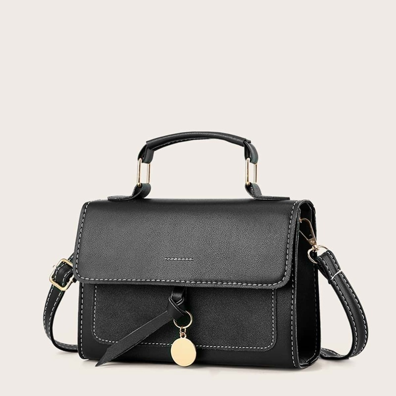 

Disc Charm Flap Satchel Bag, Black