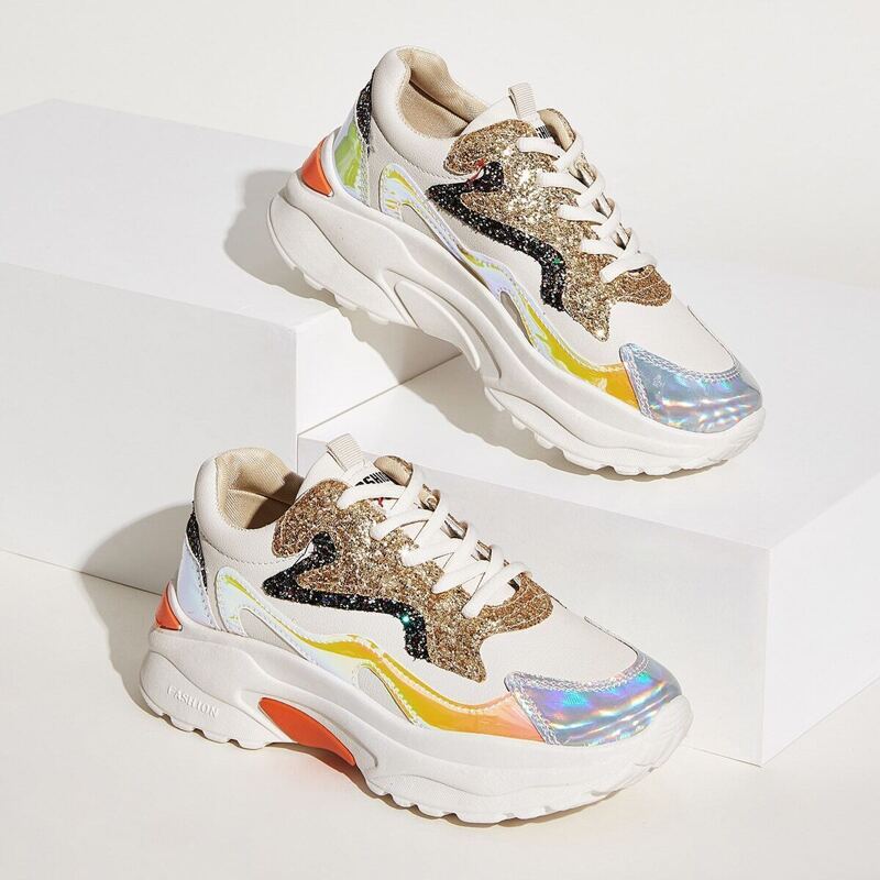 

Holographic Panel Glitter Chunky Sole Trainers, Multicolor