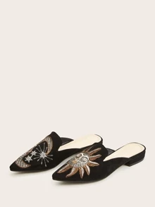 Point Toe Embroidered Flat Mules, Women's Black Half-Toe Flat Sandals with Embroidery Design, Suitable for All Kinds of Occasions.